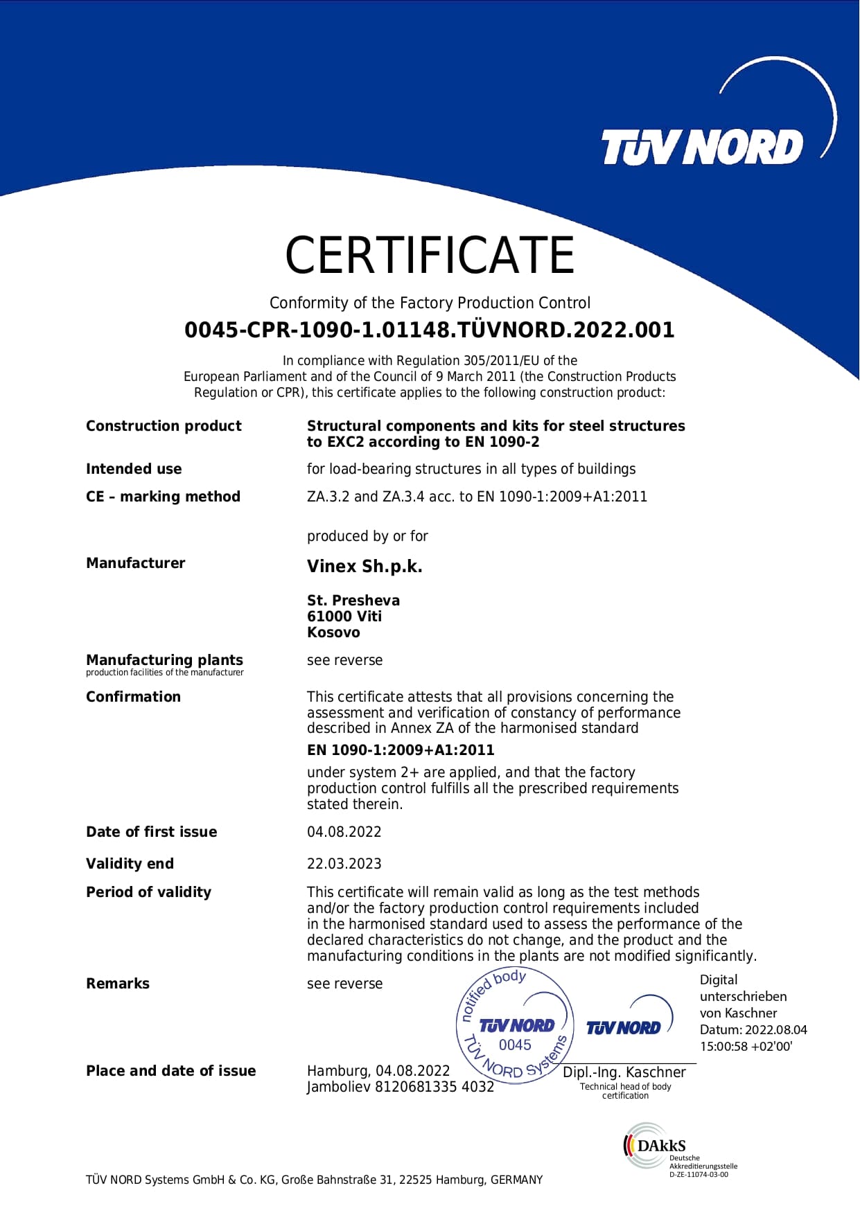 Vinex ISO certificate image