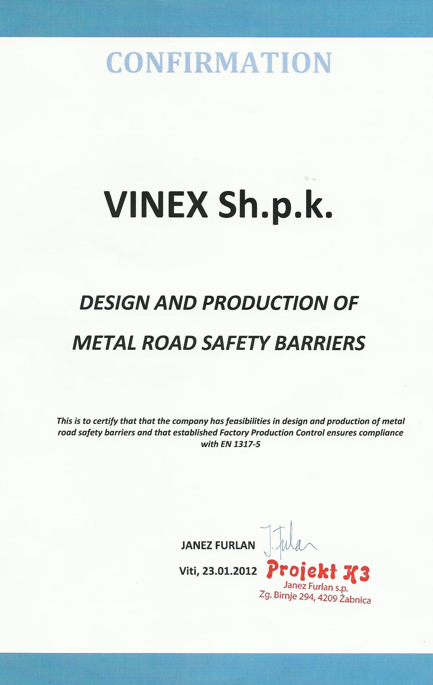 Vinex certificate image